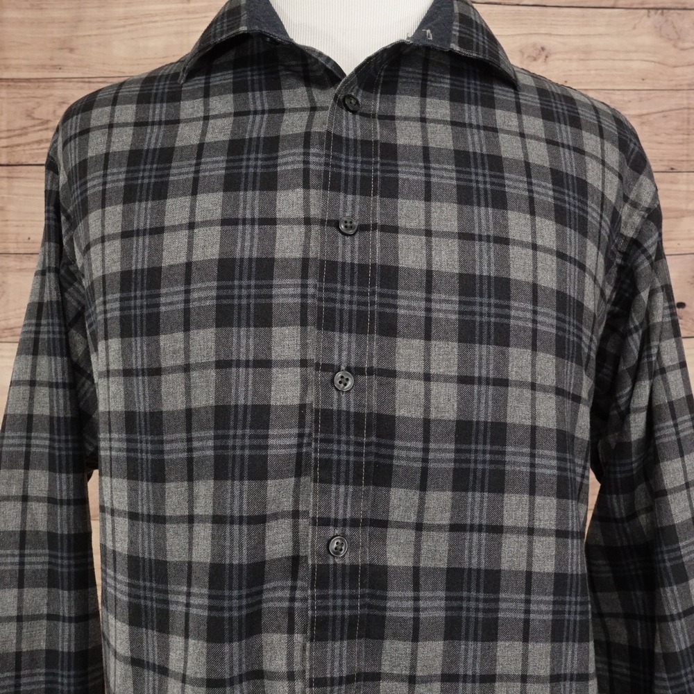 Pronto Uomo Flannel Shirt Mens XL Grey Black Good Classic Fit Plaid Long Sleeve